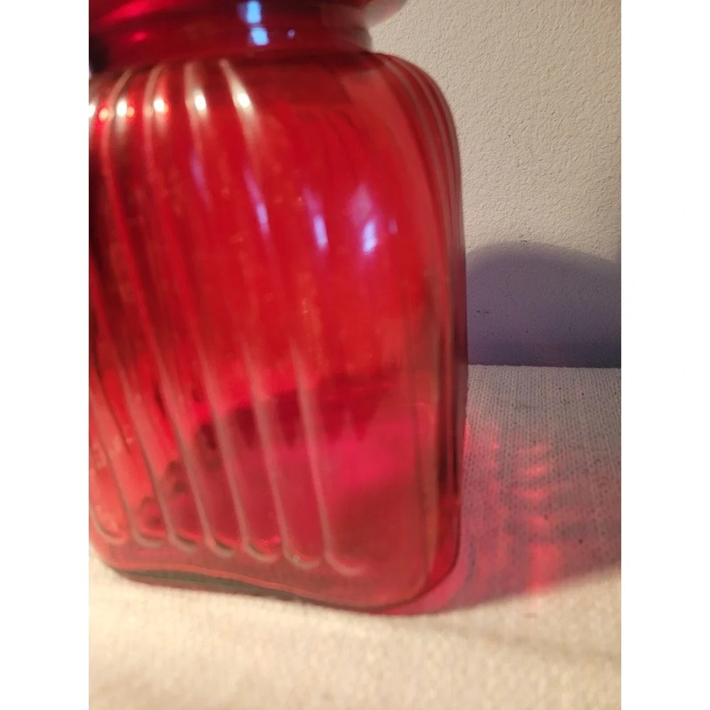 Vintage Artland‎ Painted Red Ribbed Glass Kitchen Canister Jar w Lid Large